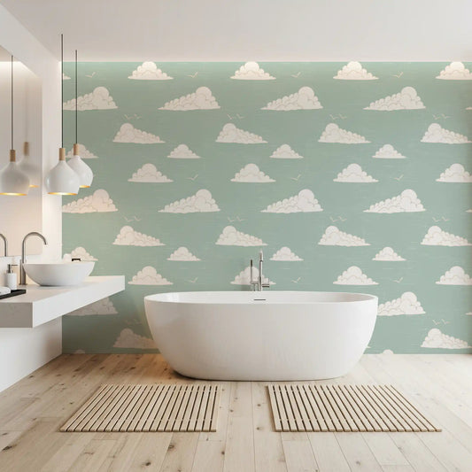 Bathroom dressed in the Light Sage Cloud Sky wallpaper for a relaxed mood.