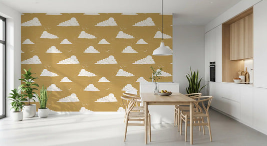 Quiet dining room paired with this cloud sky wallpaper in warm ochre