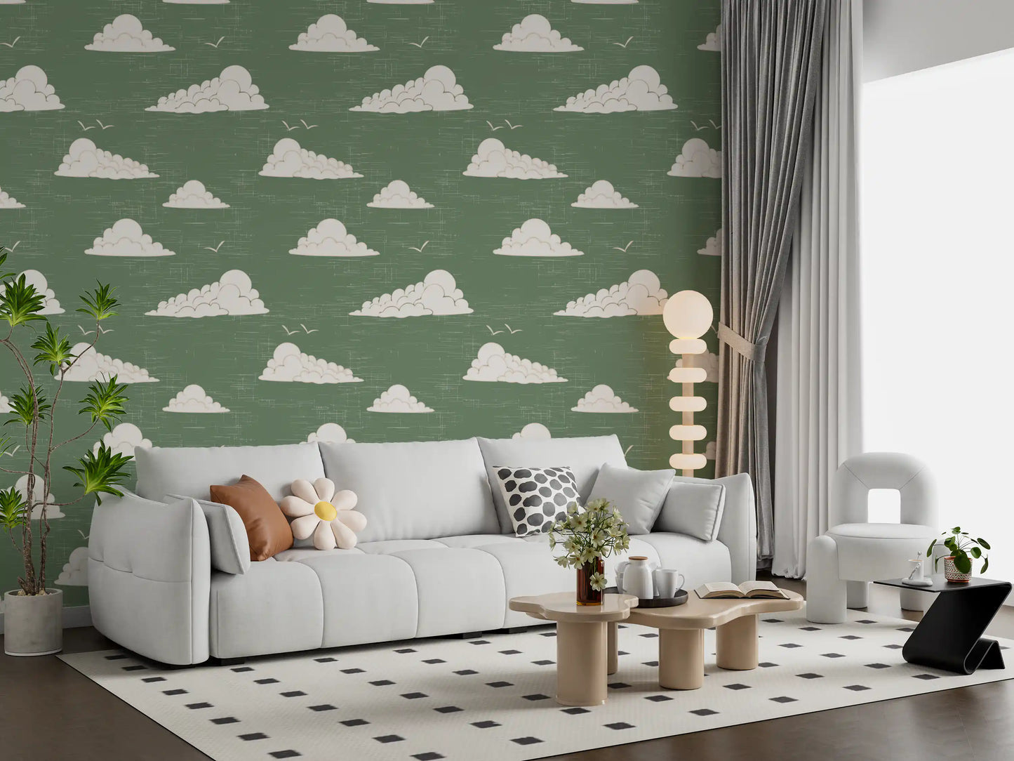 Sage Green Mid Century Cloud Sky Wallpaper Wallpaper⁠