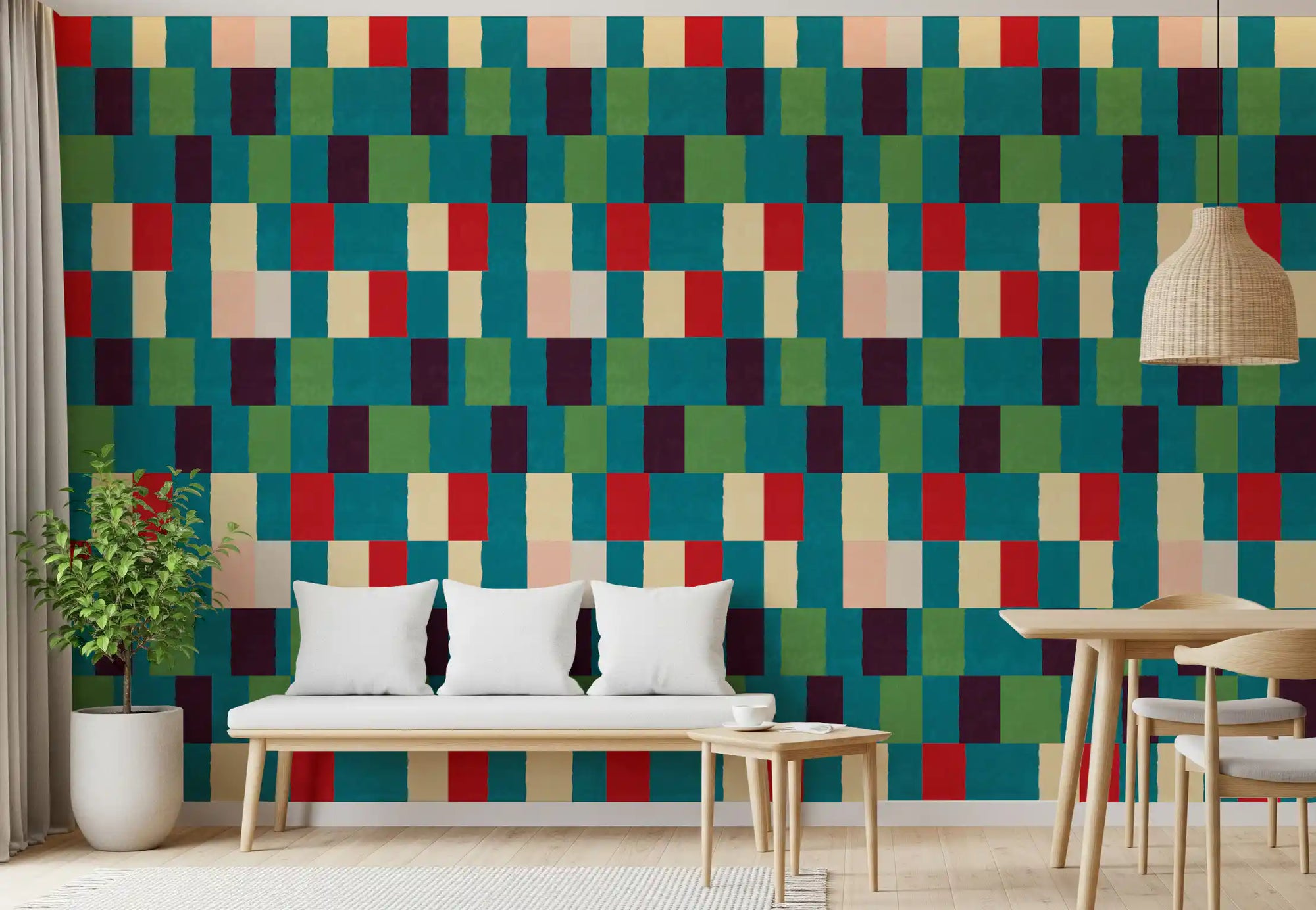 Dining room styled around the Sunwashed Modern Geometric Jewel Tone wallpaper.