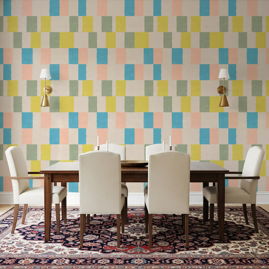 Sunwashed Coastal Blue wallpaper warms a clean Dining room with pastel rectangles.