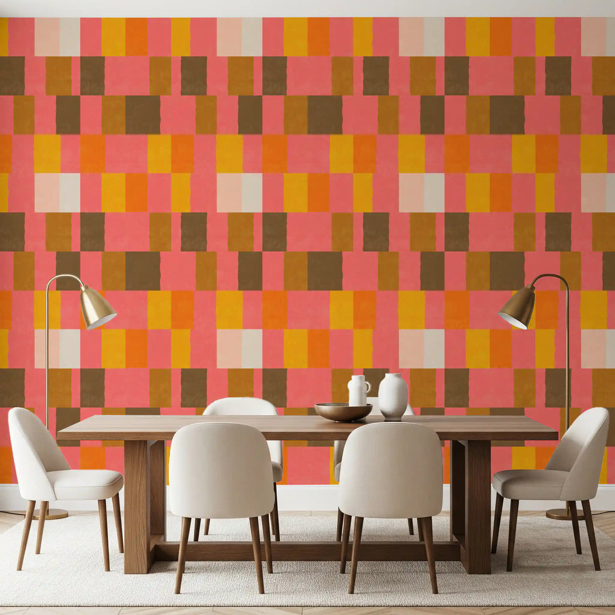 Coral, mustard and brown rectangles spread across a dining room on this clay wallpaper.