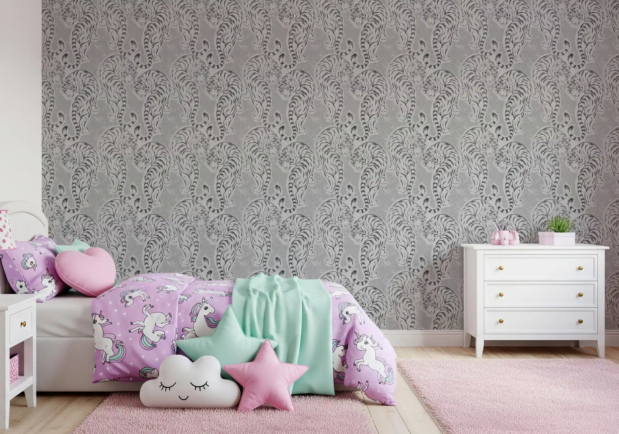 Vintage Monochrome Tiger wallpaper fills a kids' room with sketched gray tigers.