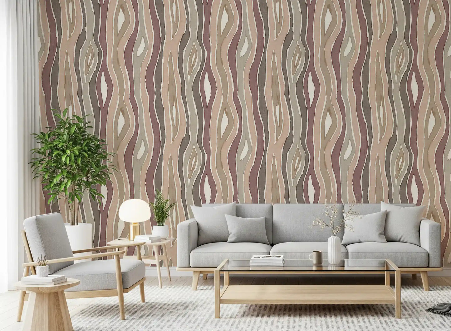 Organic Wavy Woodgrain Vertical Stripes - Earthy Mauve Wallpaper⁠