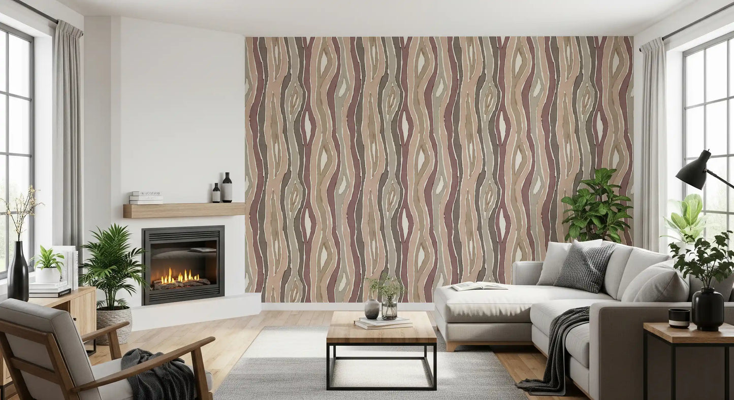 Organic Wavy Woodgrain Vertical Stripes - Earthy Mauve Wallpaper⁠