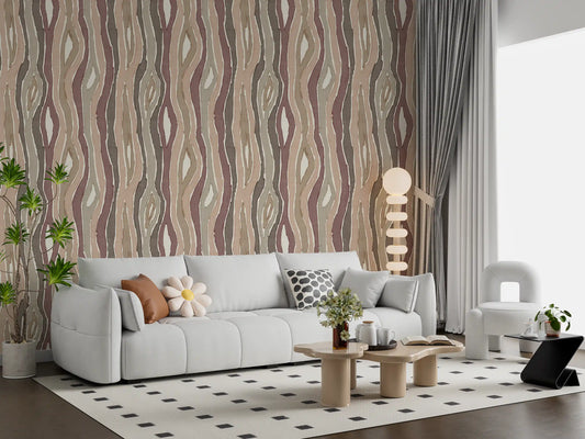 Biscuit beige and mauve curves shape a living room across Earthy Mauve wallpaper tones.