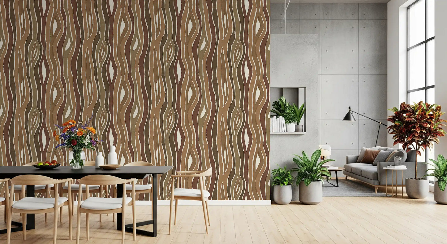 Organic Wavy Woodgrain Vertical Stripes - Earthy Bark Wallpaper⁠