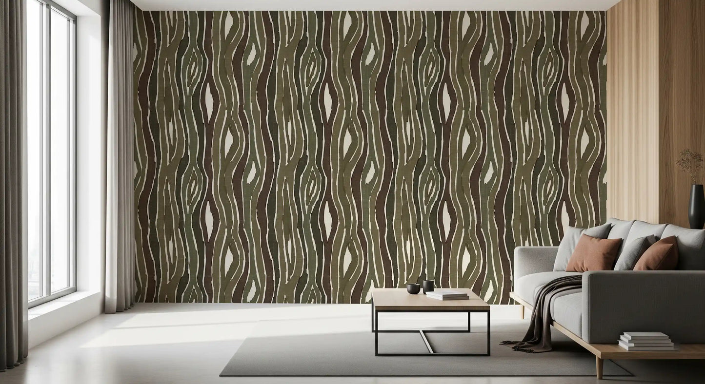 Organic Wavy Woodgrain Vertical Stripes - Earthy Moss Wallpaper⁠