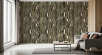 Organic Wavy Woodgrain Vertical Stripes - Earthy Moss Wallpaper⁠