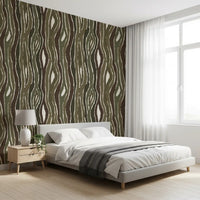 Organic Wavy Woodgrain Vertical Stripes - Earthy Moss Wallpaper⁠