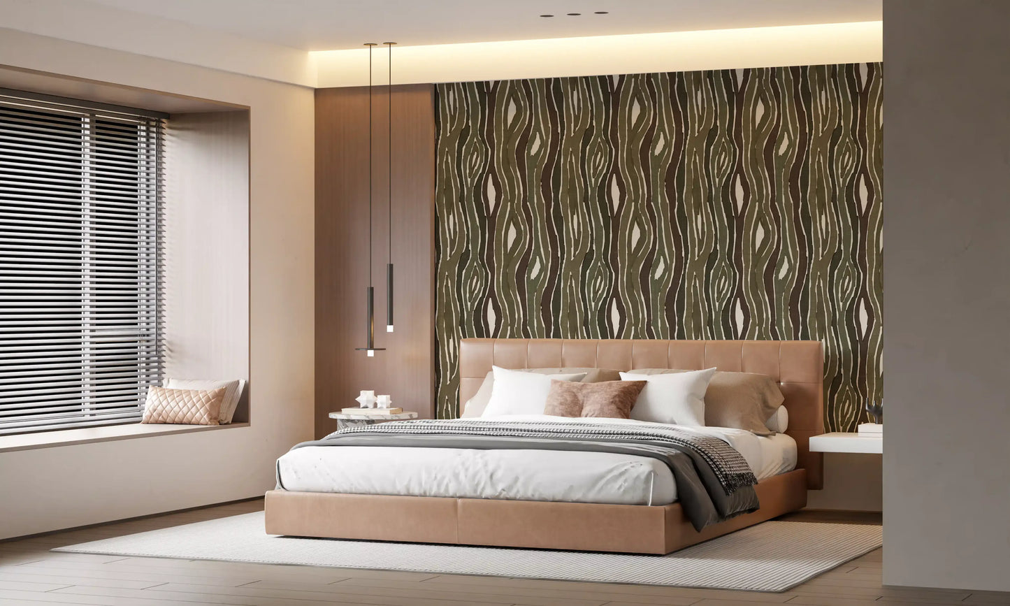 Organic Wavy Woodgrain Vertical Stripes - Earthy Moss Wallpaper⁠