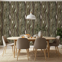 Organic Wavy Woodgrain Vertical Stripes - Earthy Moss Wallpaper⁠