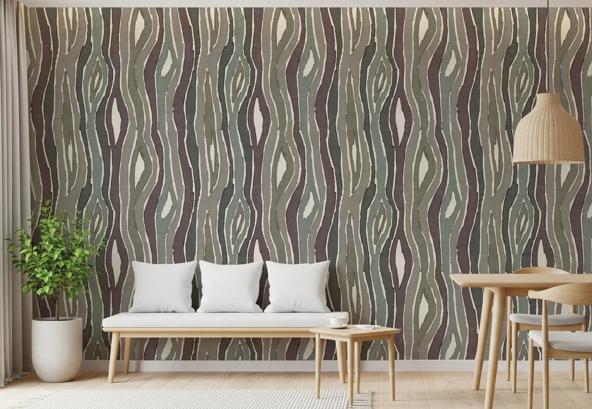 Vertical woodgrain ribbons spill across a Dining room in this earthy muted wallpaper.