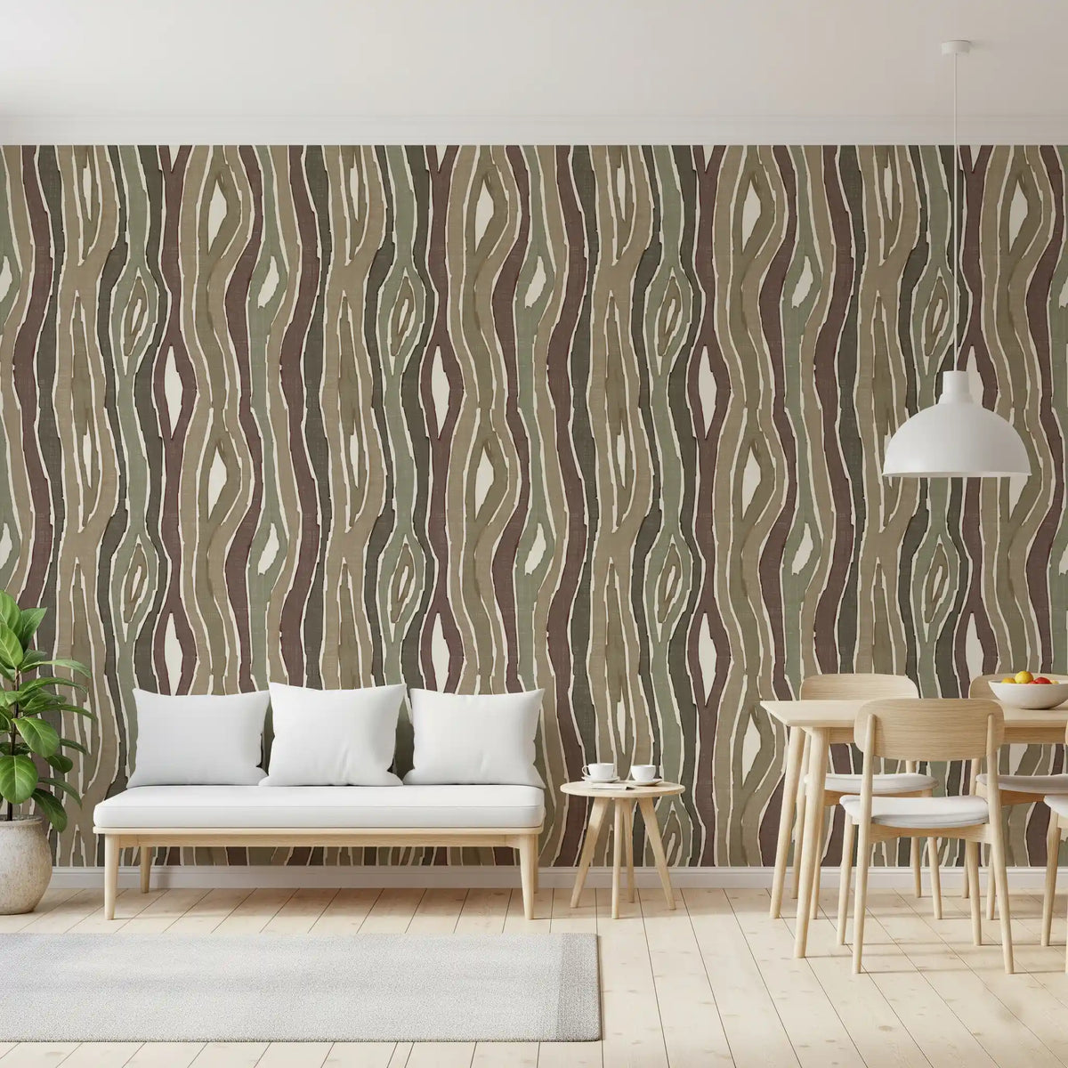 The Earthy Sage Wallpaper lines a Dining room with vertical woodgrain stripes.
