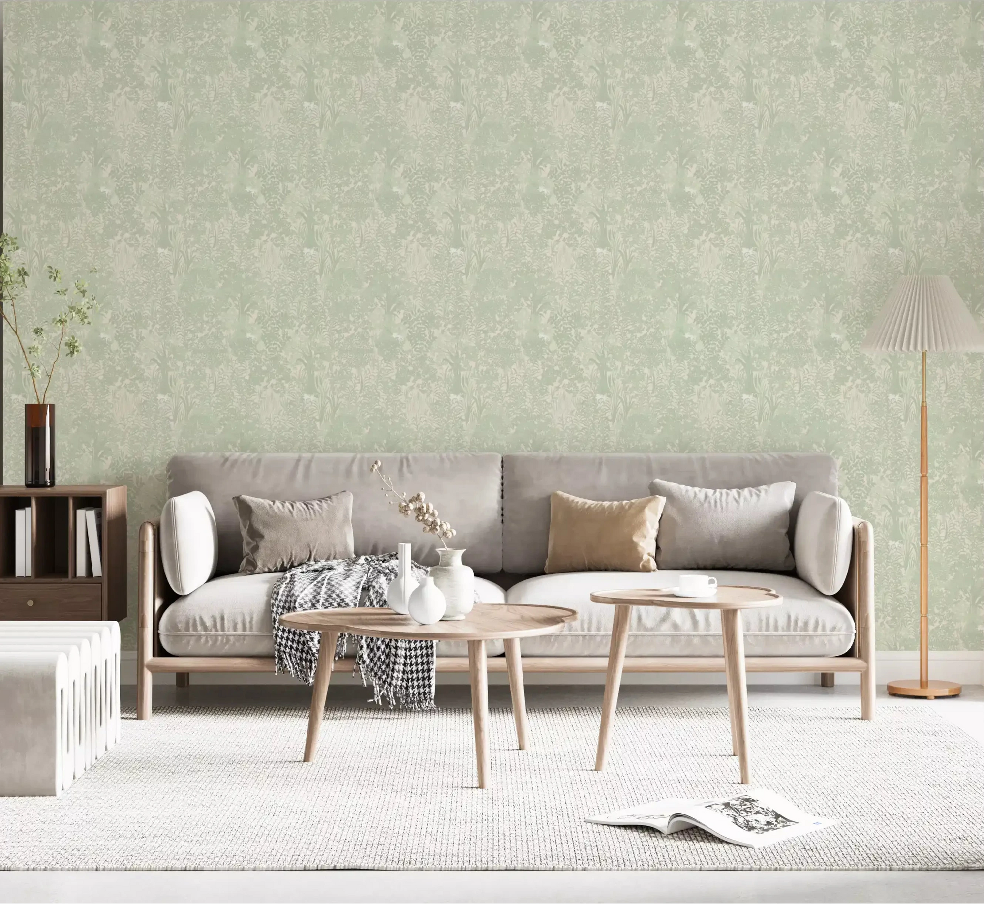 Sage woodland wallpaper calms a living room with tonal green trees GD10718
