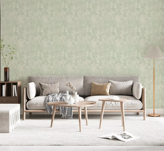 Sage woodland wallpaper calms a living room with tonal green trees GD10718
