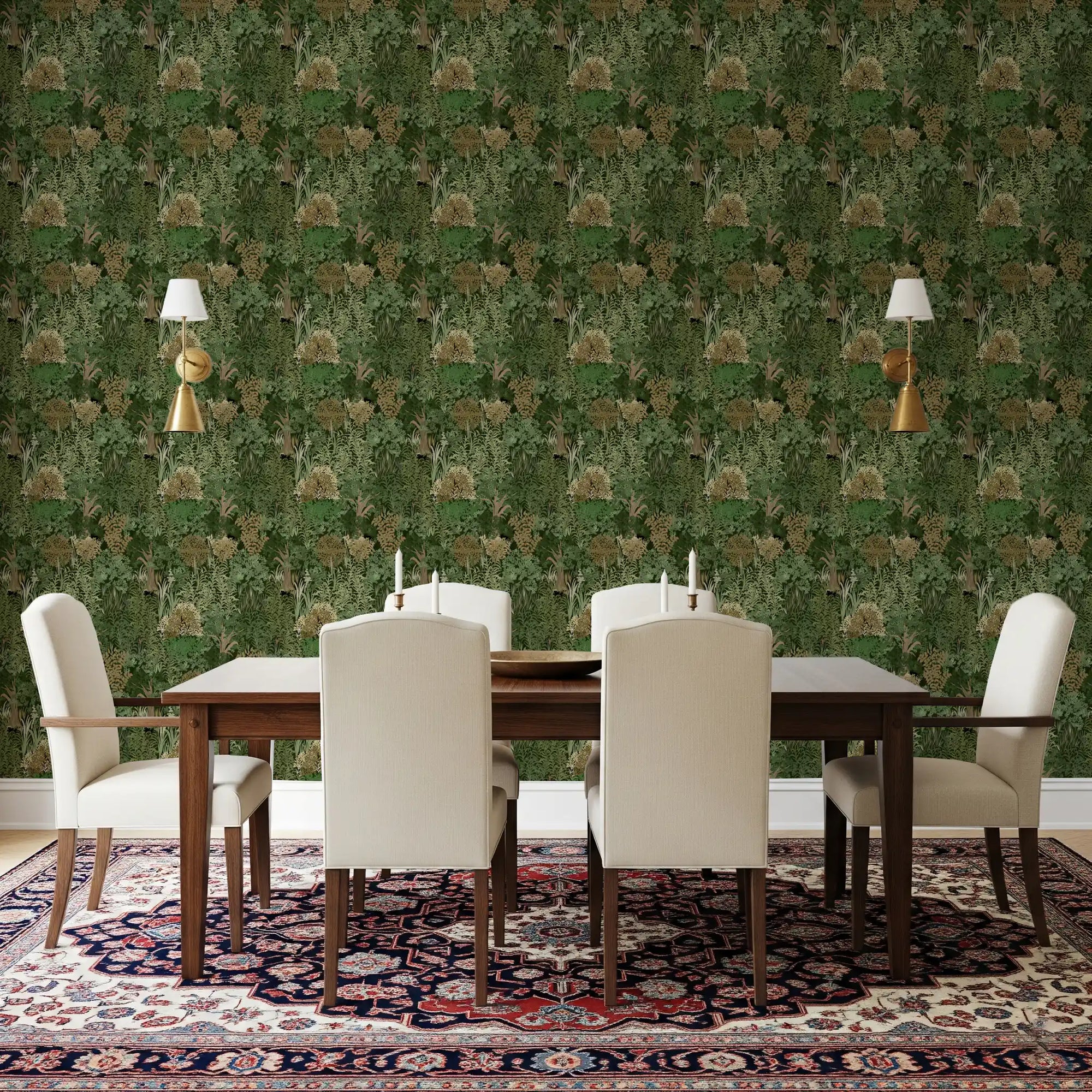 Botanical jungle wallpaper deepening the mood of a green Dining room GD10720