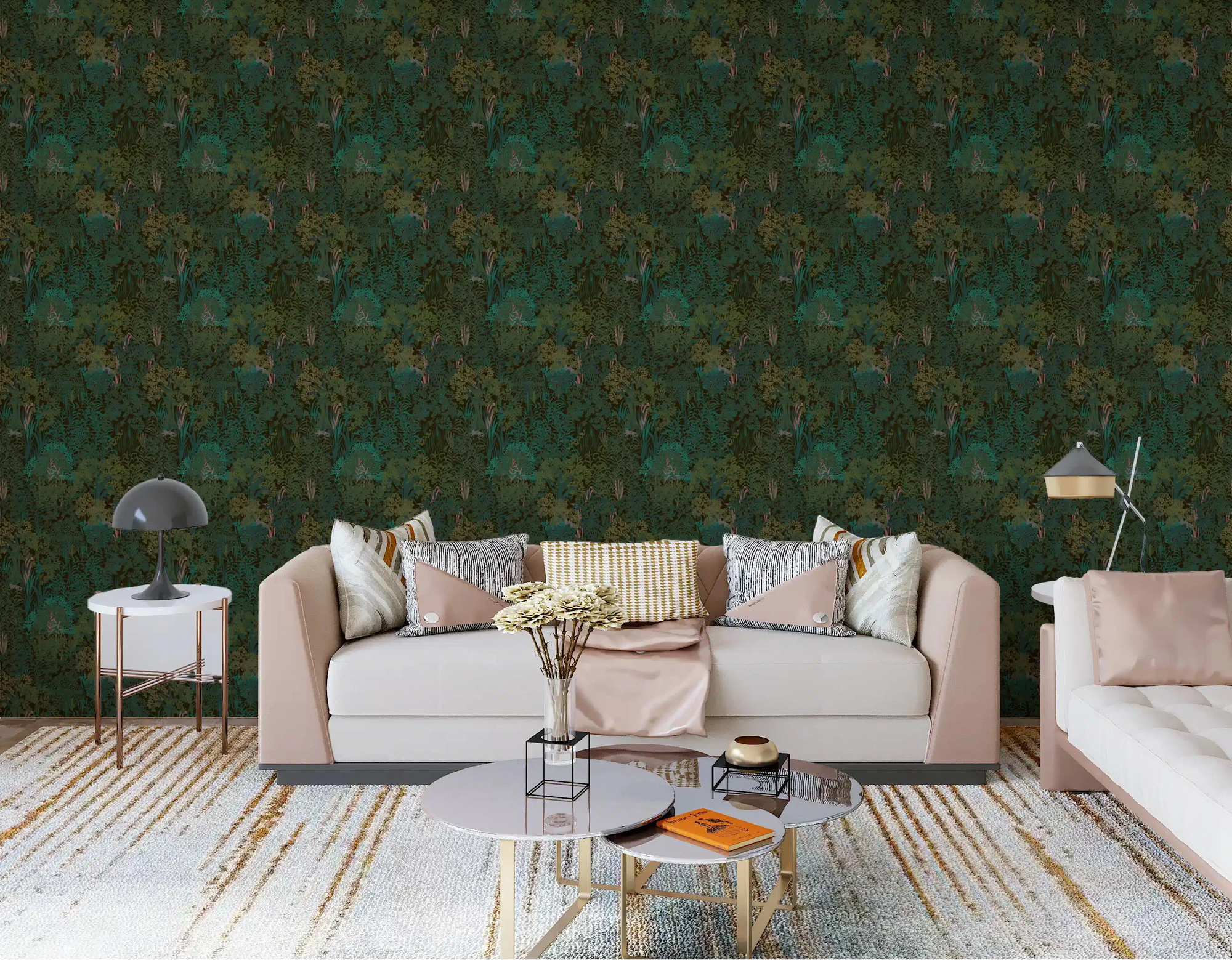 Deep green forest botanical wallpaper wraps a living room in leafy shade GD10721
