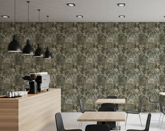 Pixelated canopy wallpaper warms a cafe with muted grasses and ferns GD10722
