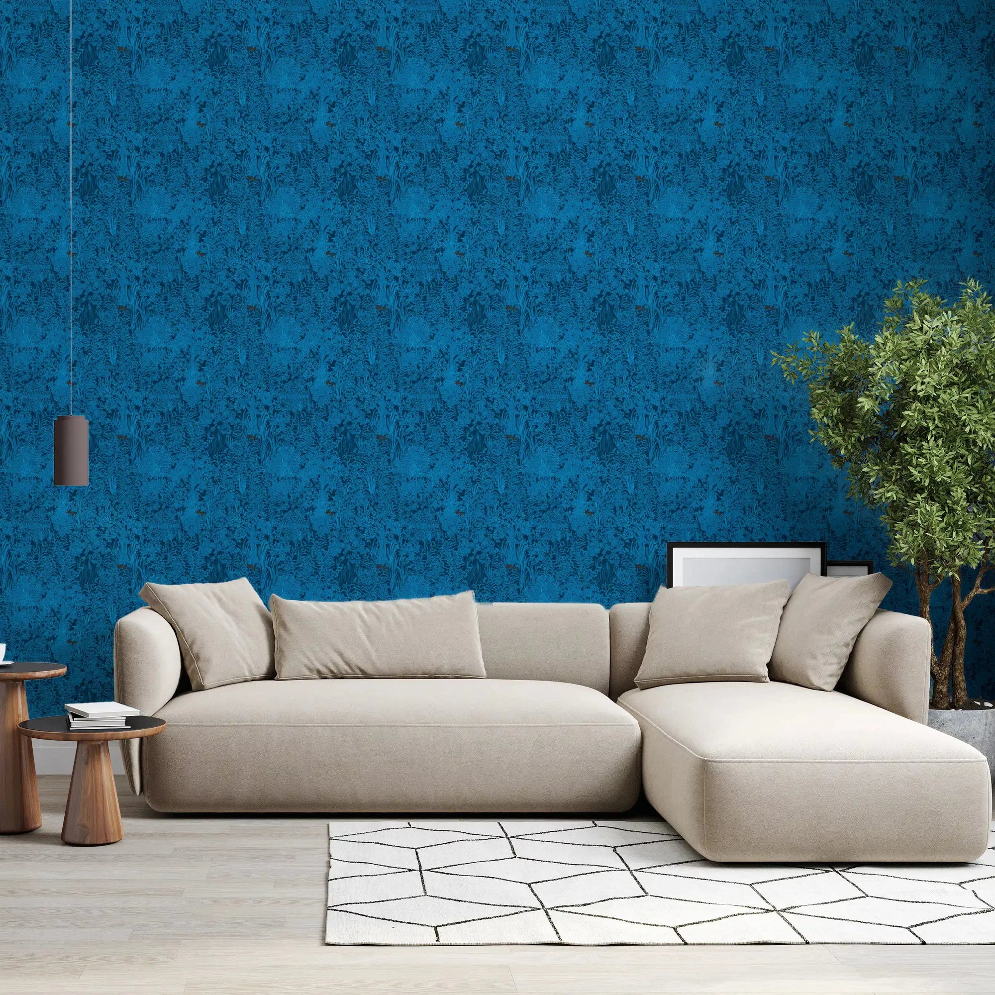 Midnight blue forest wallpaper deepens a calm living room GD10725