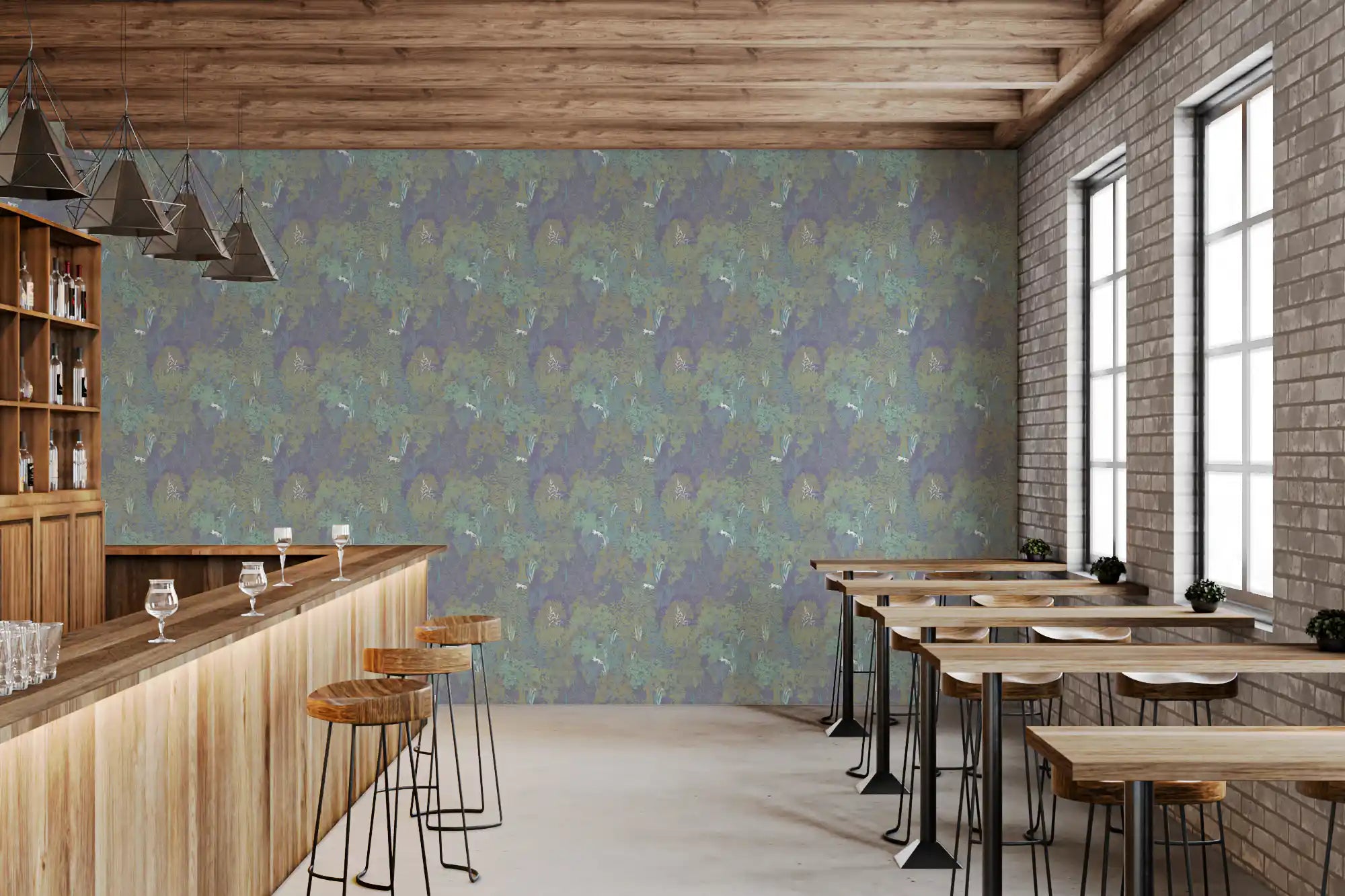 Sage and lilac jungle tapestry warms a cafe in this botanical wallpaper GD10726
