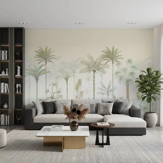 Whispering palms wall mural greens a calm living room, watercolor jungle GD10727
