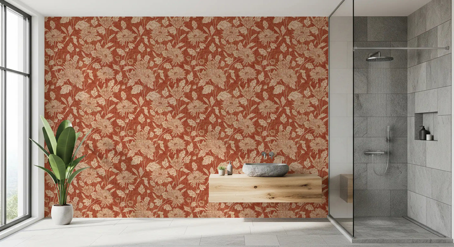 Terracotta Chrysanthemum Vintage Floral Wallpaper Wallpaper⁠