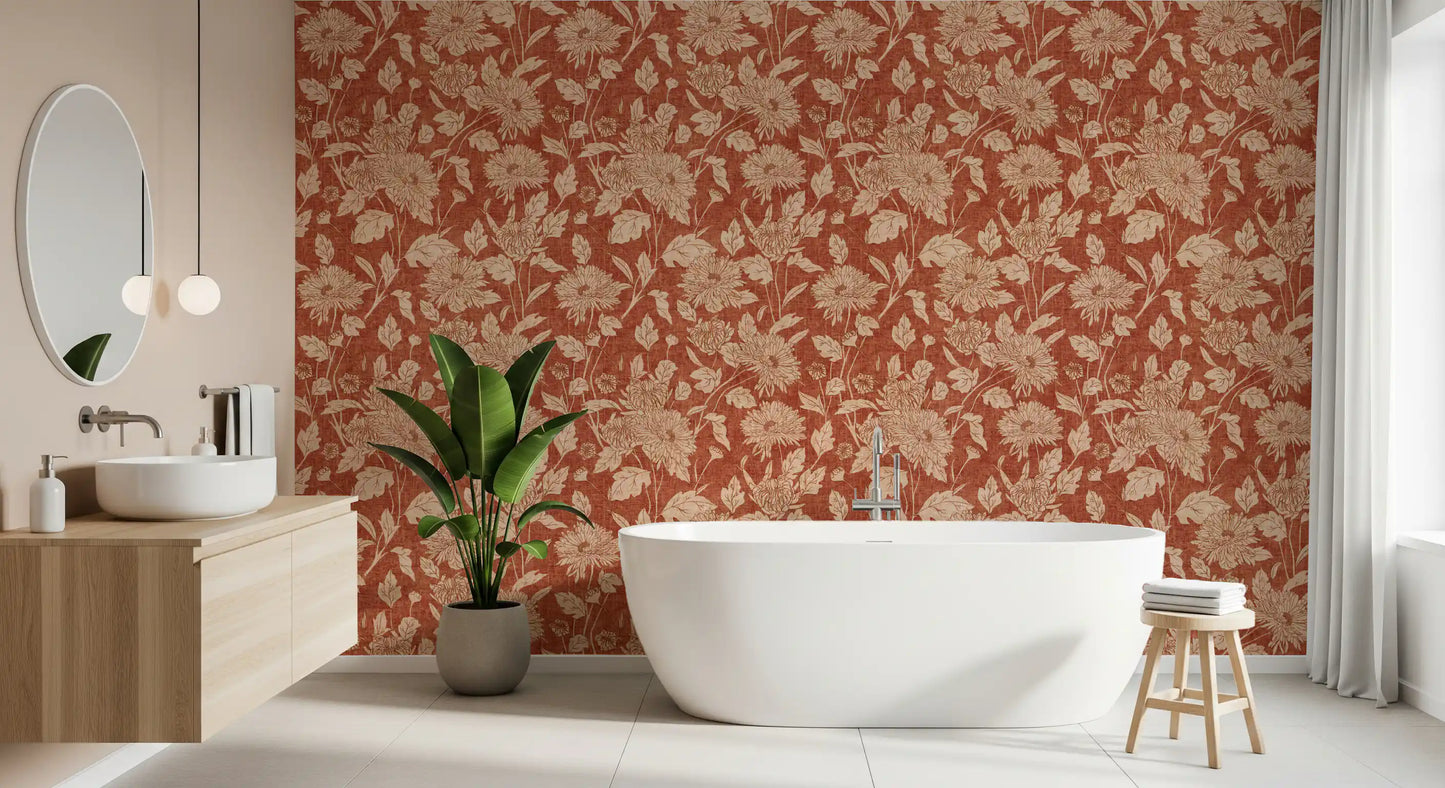 Terracotta Chrysanthemum Vintage Floral Wallpaper Wallpaper⁠