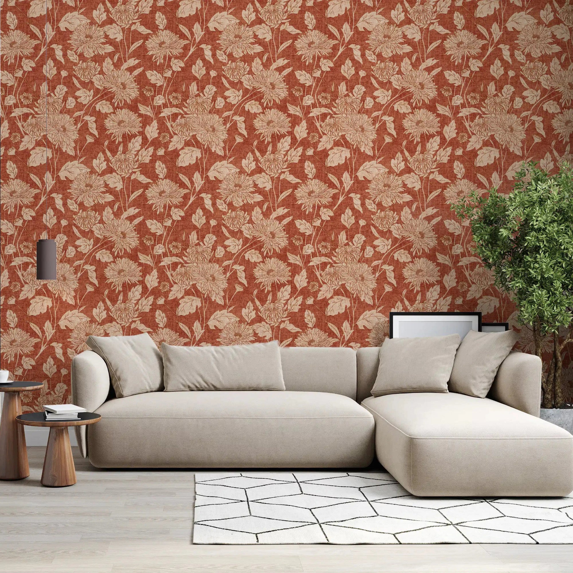 Terracotta chrysanthemum wallpaper warms a living room with cream blooms GD10728

