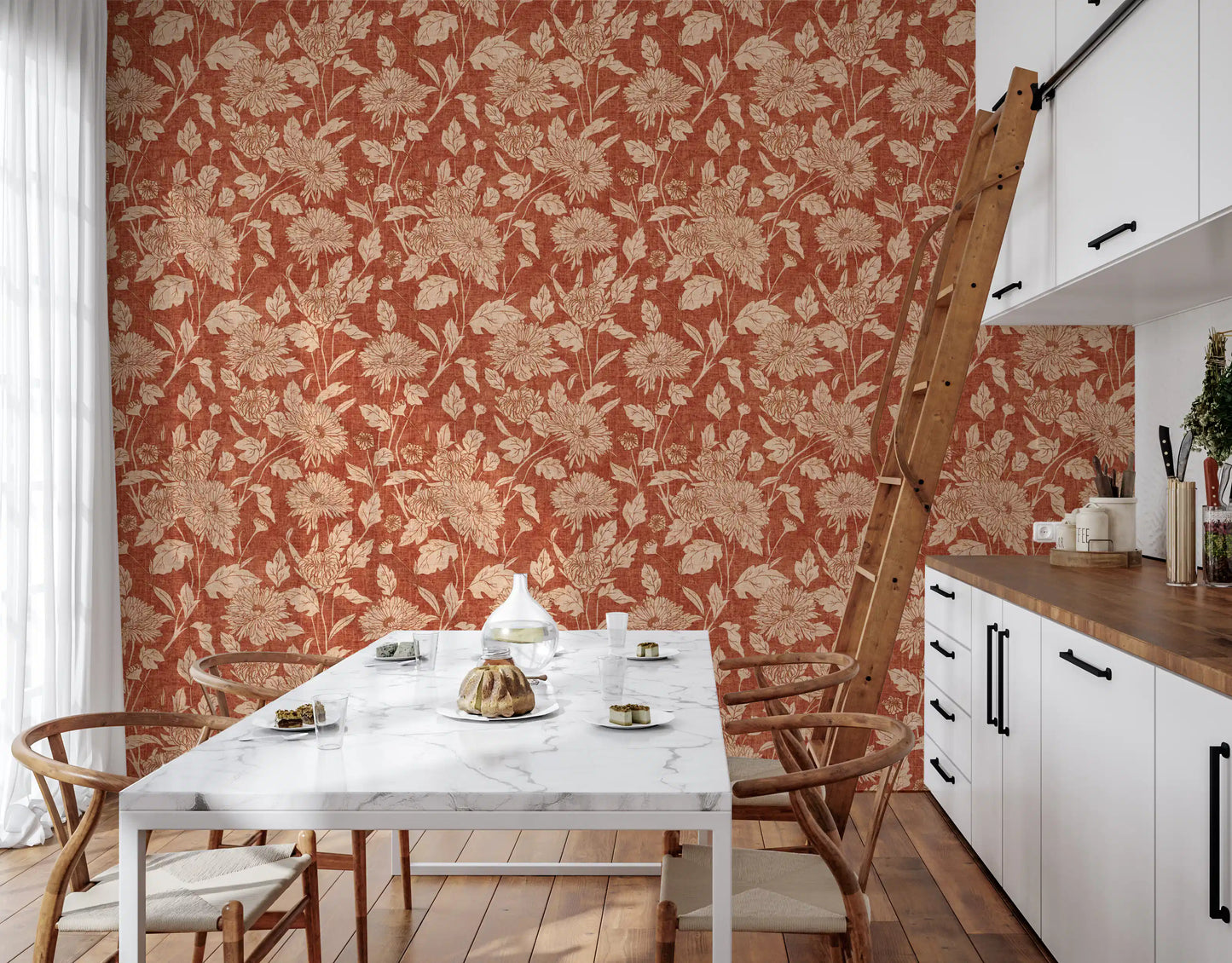 Terracotta Chrysanthemum Vintage Floral Wallpaper Wallpaper⁠