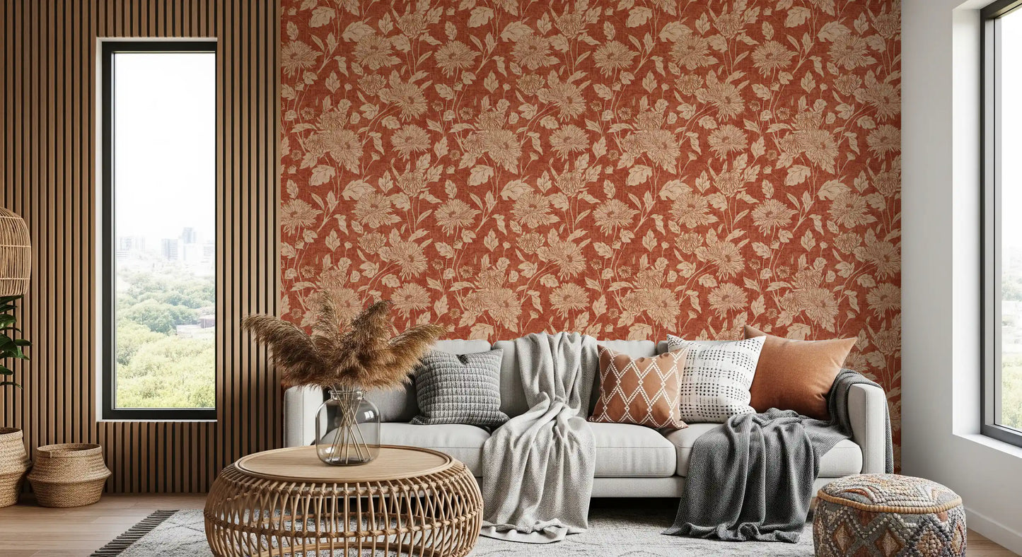 Terracotta Chrysanthemum Vintage Floral Wallpaper Wallpaper⁠