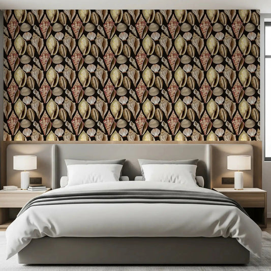 Dark seashells wallpaper behind the bedroom in cream, tan and brown GD10729
