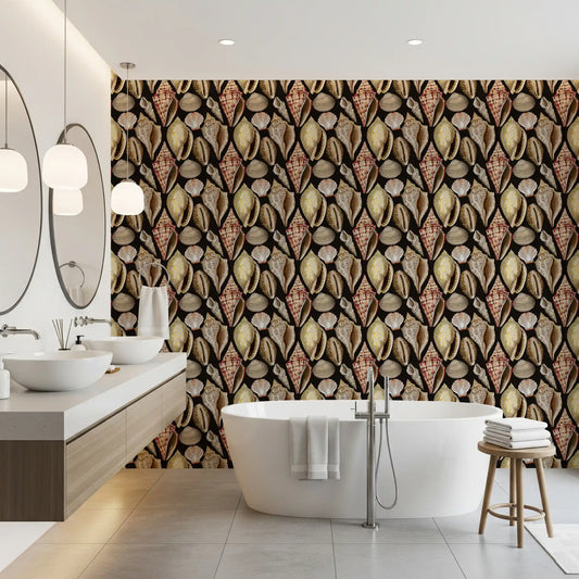 Bathroom feature in a moody vintage seashells wallpaper on dark ground GD10729
