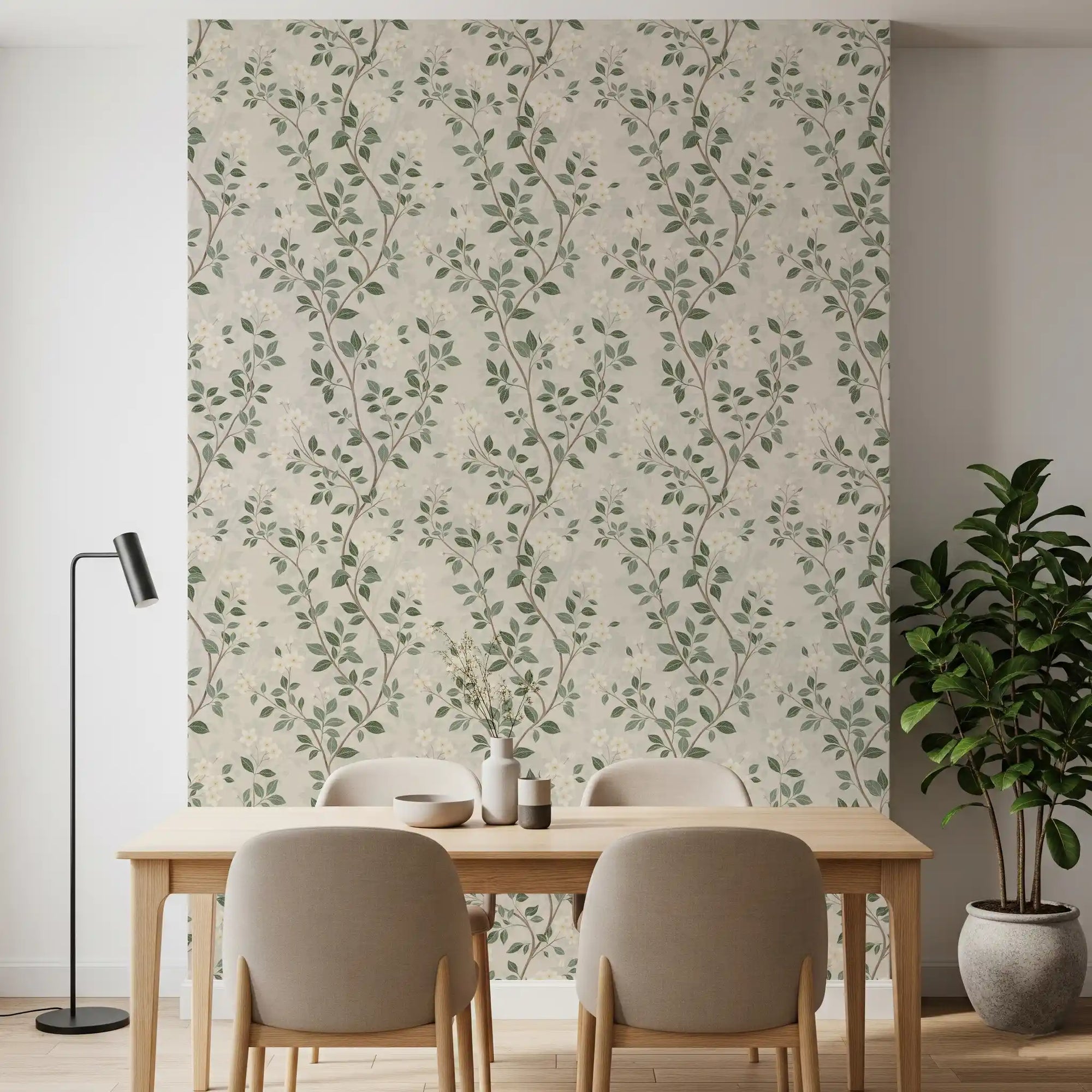 Leafy jasmine sprigs frame a kitchen-dining area in this botanical wallpaper GD10731
