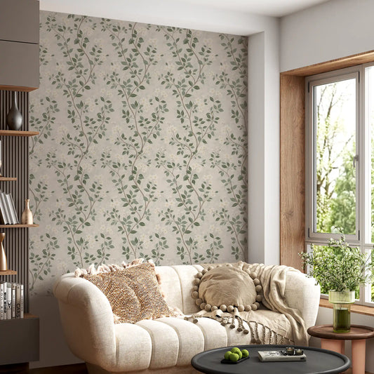 Green leaves and white blooms dot a Living room in this botanical wallpaper GD10731