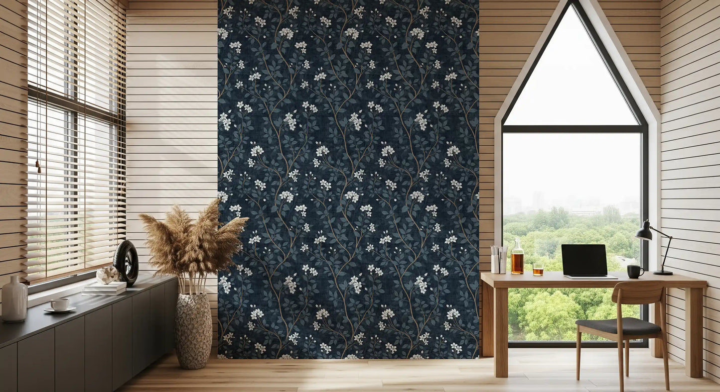 Elegant White Blooms on Indigo Linen Wallpaper⁠
