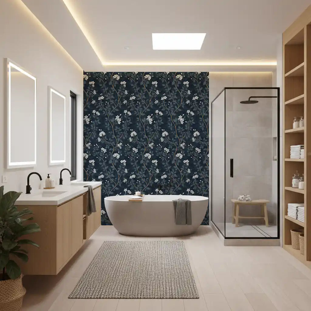 Elegant White Blooms on Indigo Linen Wallpaper⁠