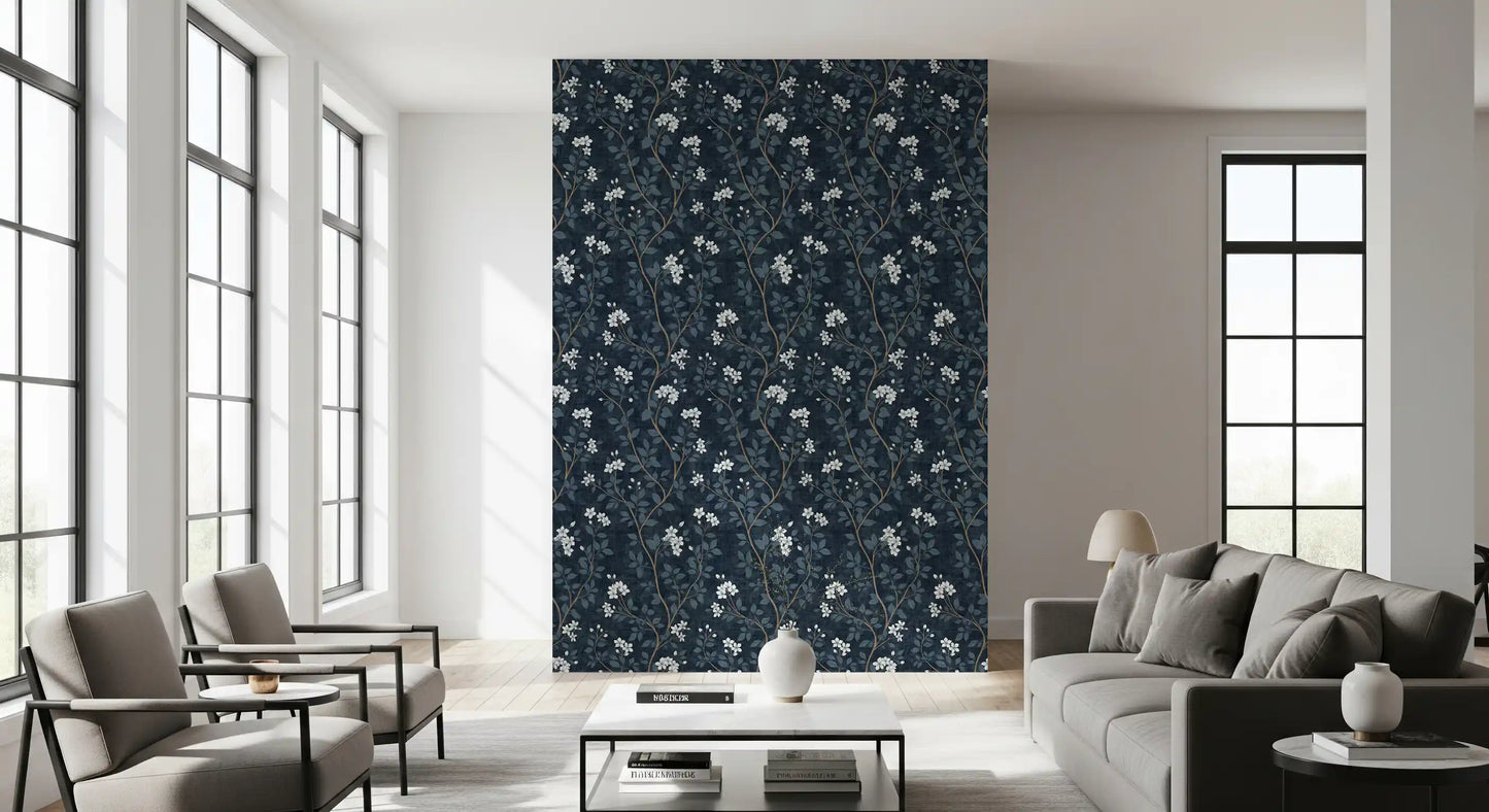 Elegant White Blooms on Indigo Linen Wallpaper⁠