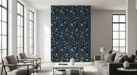 Elegant White Blooms on Indigo Linen Wallpaper⁠