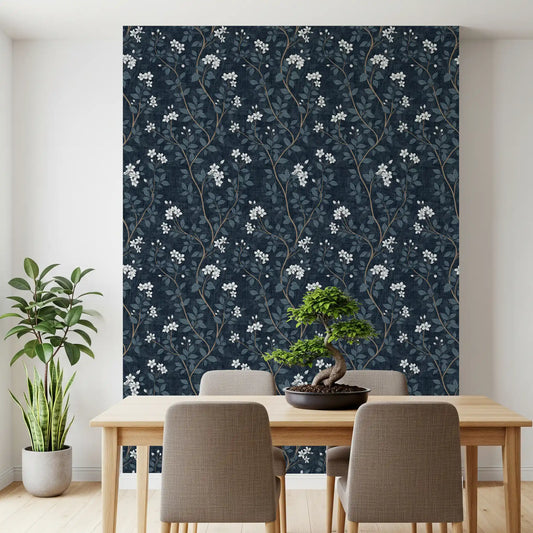 White blooms scatter across a dining room on this indigo linen wallpaper GD10732