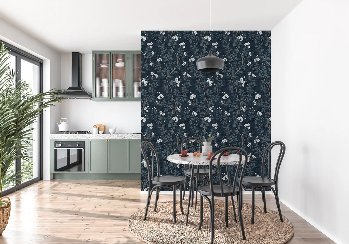 Elegant White Blooms on Indigo Linen Wallpaper⁠