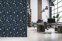 Elegant White Blooms on Indigo Linen Wallpaper⁠