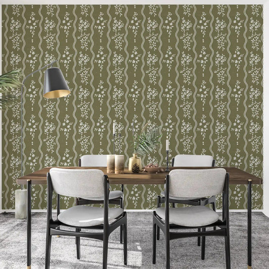 White floral sprigs climb the dining room in this meadow wallpaper GD10736
