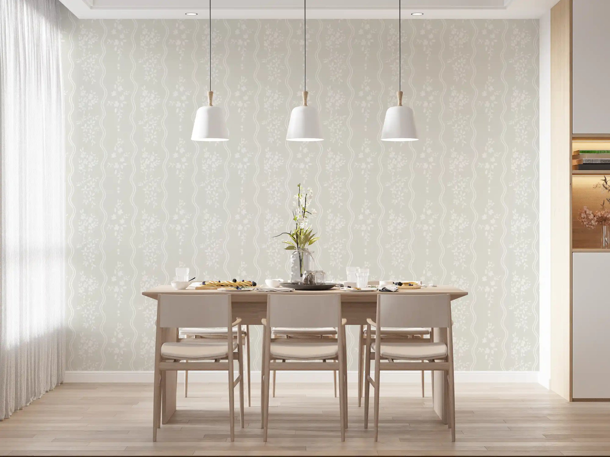 Nordic meadows beige wallpaper calms a dining room with white florals GD10737
