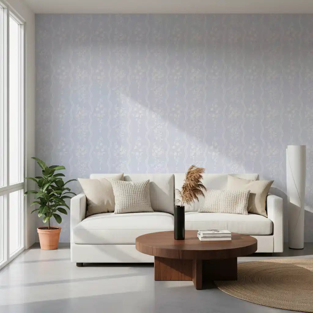 Whispering Meadow Pastel Blue Floral Stripe Wallpaper⁠