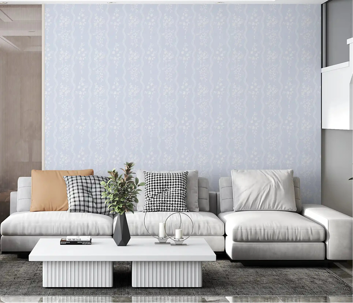 Whispering meadow wallpaper calms a living room with pastel blue floral stripes GD10738
