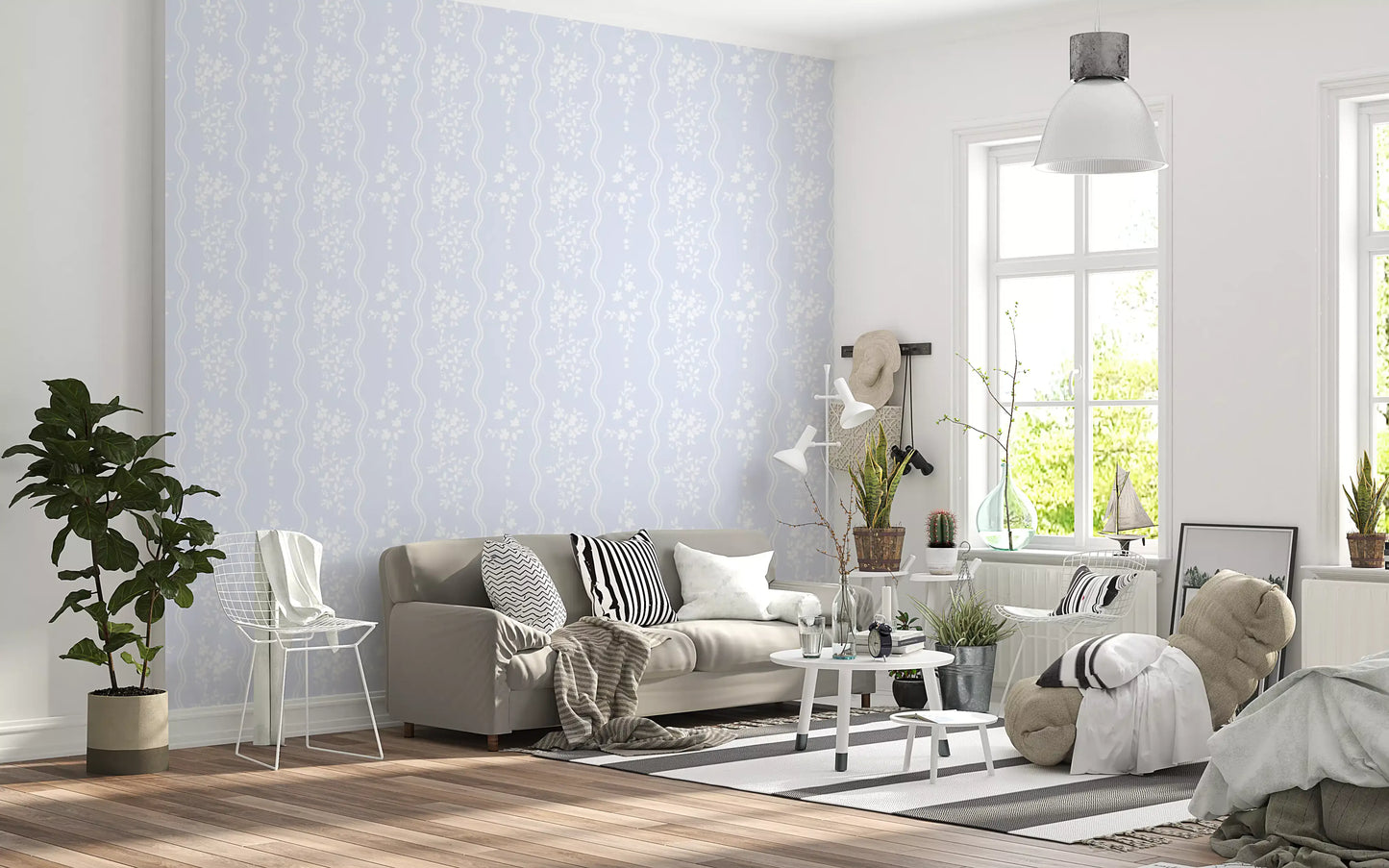 Whispering Meadow Pastel Blue Floral Stripe Wallpaper⁠