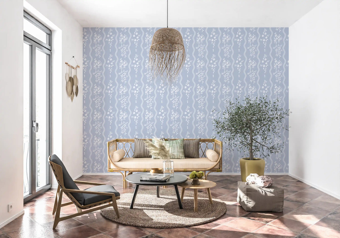 Soft Blue Dainty Floral and Wavy Stripe Wallpaper Wallpaper⁠