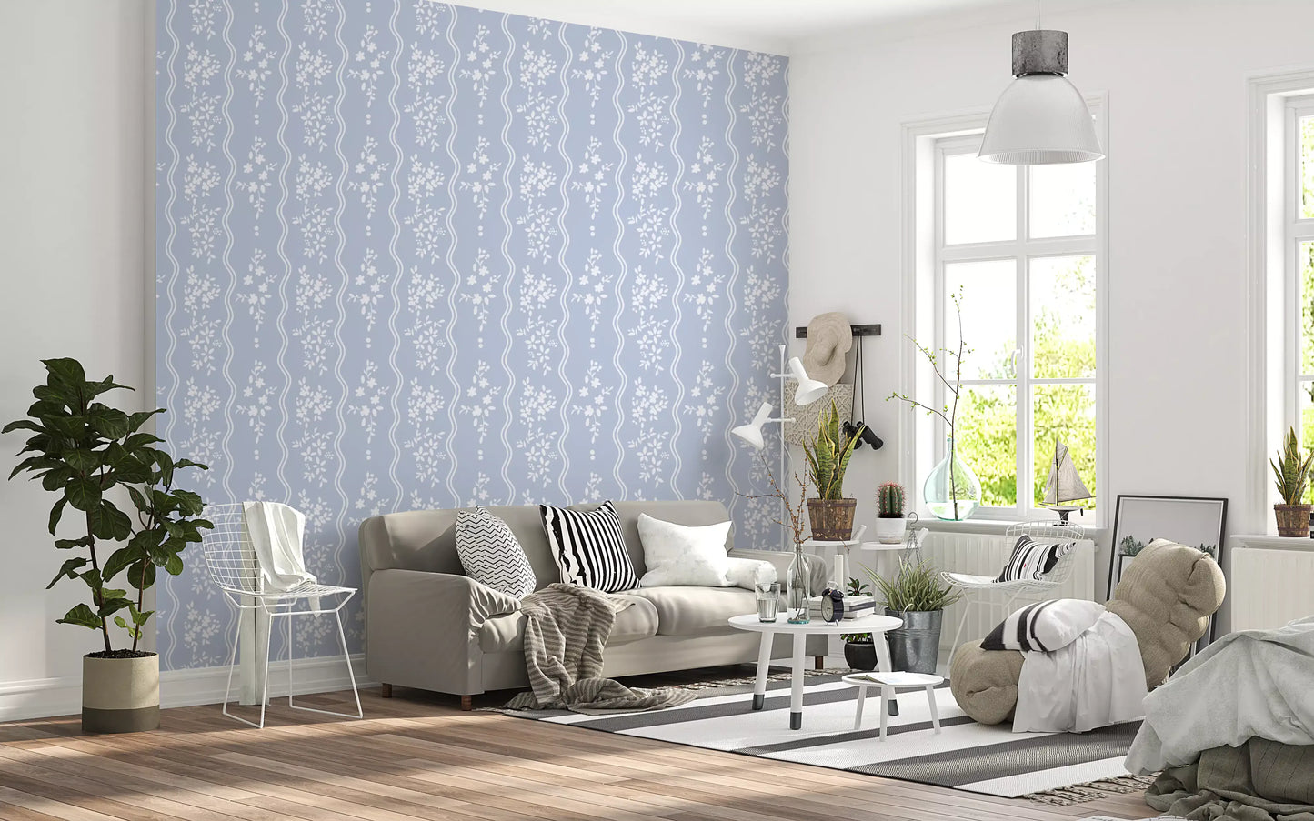 Soft Blue Dainty Floral and Wavy Stripe Wallpaper Wallpaper⁠