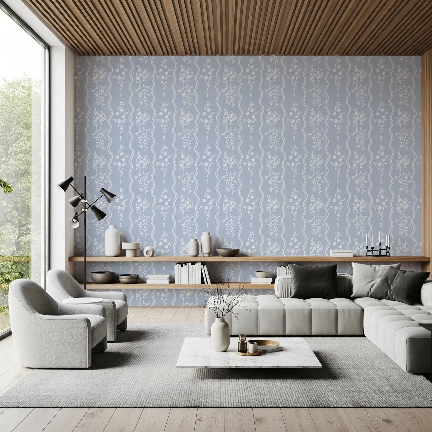 Soft Blue Dainty Floral and Wavy Stripe Wallpaper Wallpaper⁠